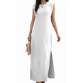 thumbnail image 2 of 2025 Women Summer Round Neck Casual Loose Split Wrinkle-Free Long Maxi Vacation Dress with Pockets, 2 of 9
