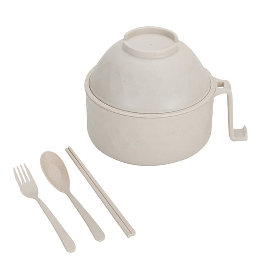 Ramen Cooker with Lid, Plastic 3 In 1 Ramen Bowl Set with Cutlery Kitchen College Dorm Room Essentials (Beige)