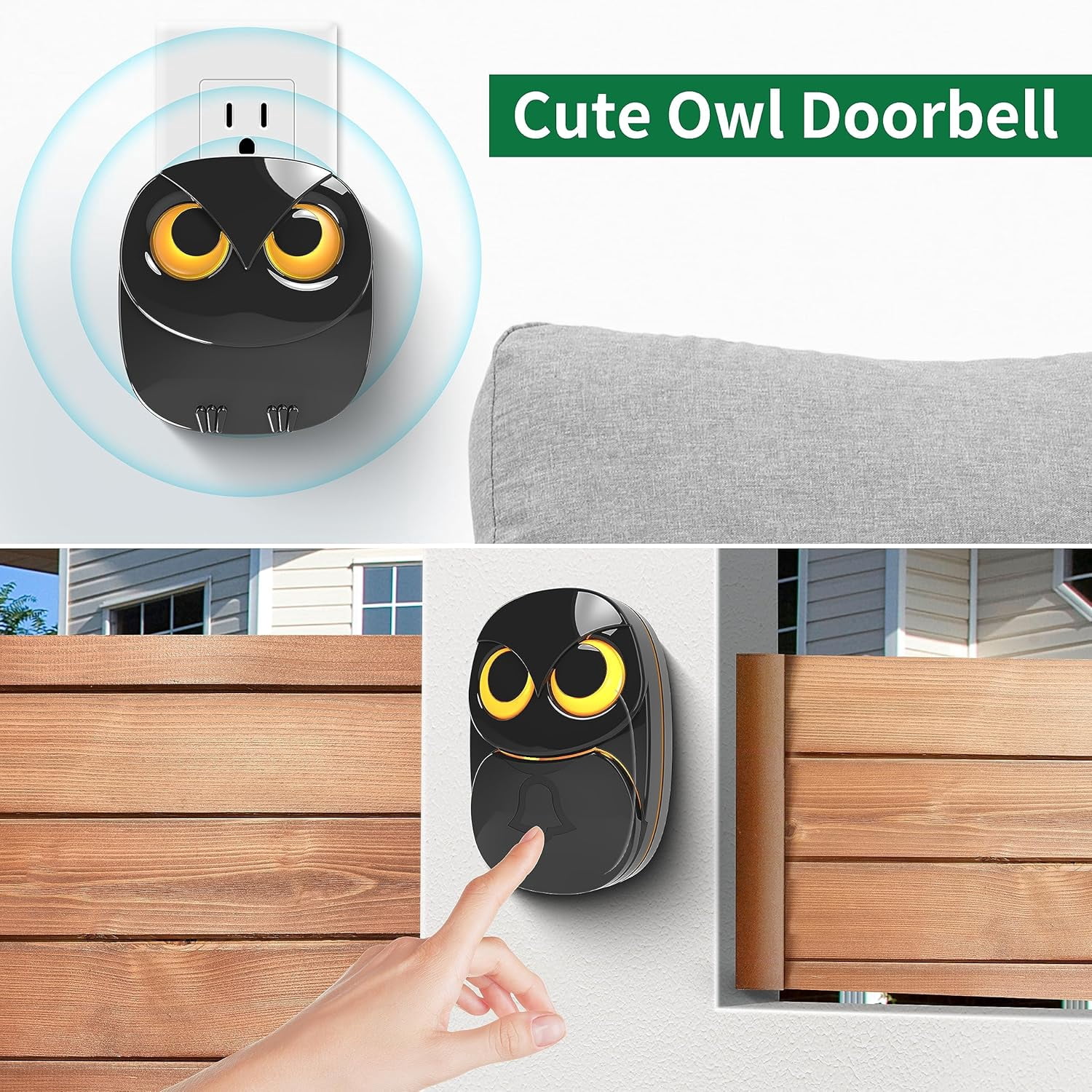 Wireless doorbell, cute owl doorbell, weatherproof IP55 outdoor remote control button