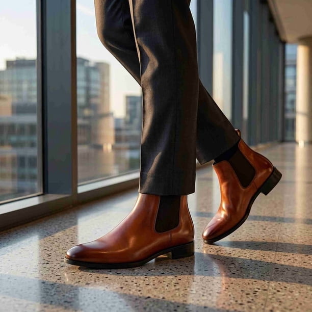 classic dress boots XBTEVUDAK Mens Chelsea Ankle Boots, Elastic Side Slip-On Boots, Low Block Heel Pointed Toe Ankle Boots, Men's, Size: 10, Brown _Aesthetic_Futuristic