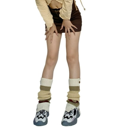 

Women Student Leg Warmers Knitted Button Up Contrast Color Striped Calf Socks