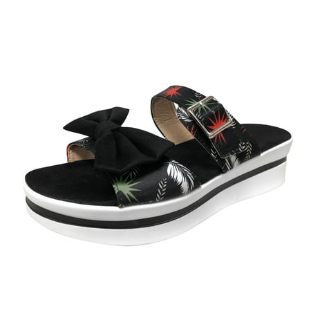 

fvwitlyh Women Slide Pumps Adjustable Ladies Fashion Summer Print Cloth Bow Wedge Platform Wedge Heels for Women Pumps