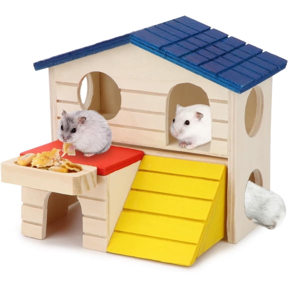 BURIBURI Wooden Hamster House Maze Villa Cage for Dwarf Hamsters Gerbils Small Pets Exercise Climbing Toy Platform Multi-Level Hideout 6.1x2.95x5.9inch Blue