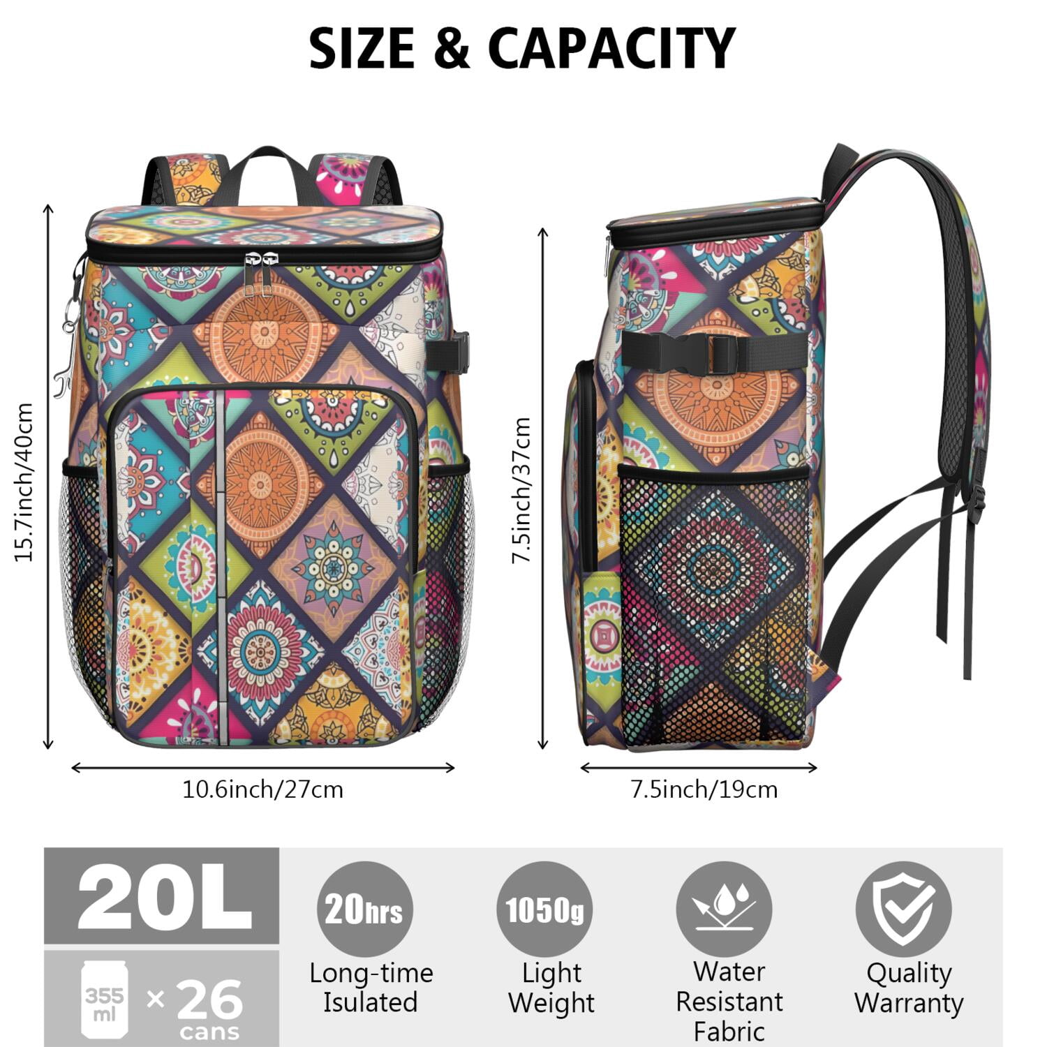 Travel Cooler Bag - Boho Bohemia Flower Camping Beer Cooler Backpack with Bottle Opener- Waterproof Insulated Picnic Backpacks - Cooler Bag for Beach