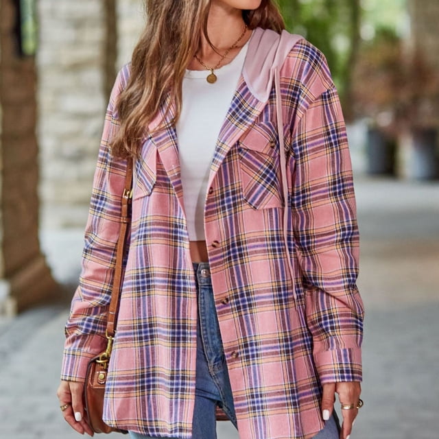 Women Long Sleeve Plaid Hooded Shirt Drawstring Button Up Shacket Jacket Chest Pockets Casual and Cozy