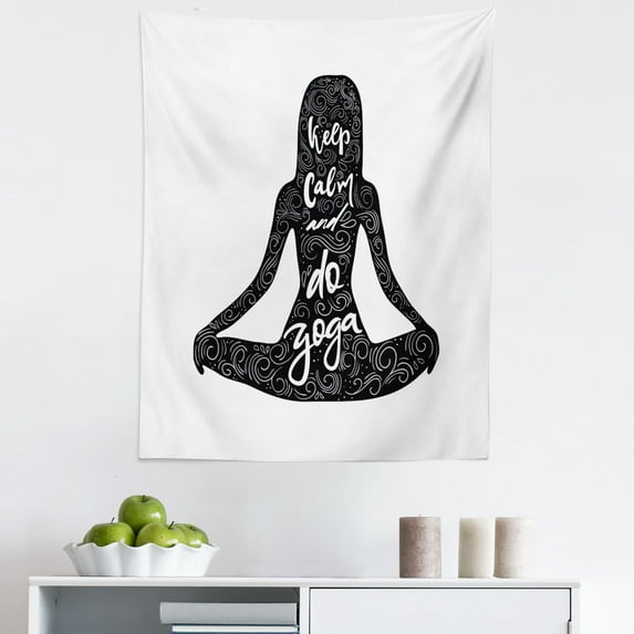 Keep Calm Tapestry, Do Yoga Words in Girl Shape in Lotus Pose with Swirls and Calligraphy Art Text, Fabric Wall Hanging Decor for Bedroom Living Room Dorm, 5 Sizes, Black White, by Ambesonne