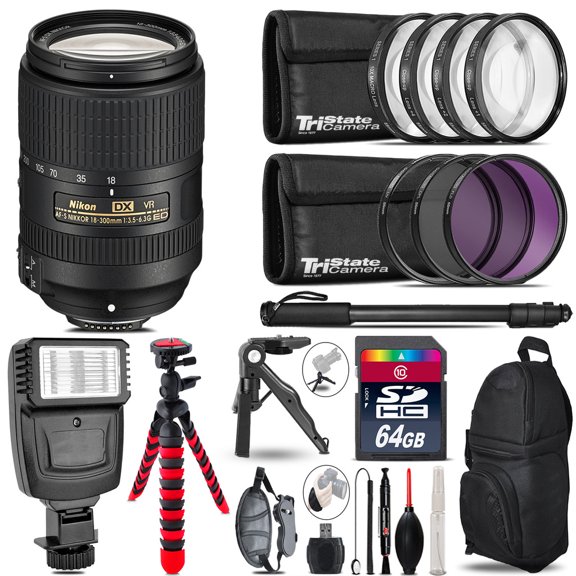 Nikon DX 18-300mm VR + Slave Flash + MACRO, UV-CPL-FLD - 64GB Accessory Bundle (International Version)