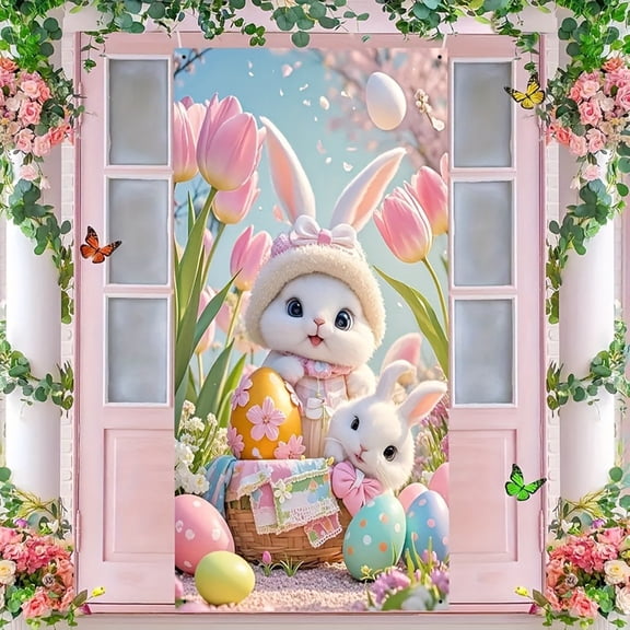 Easter Door Cover, 70.86 x 35.43in Easter Bunny & Eggs Banner Easter Door Flag Spring Banner for Front Door Easter Backdrops Decor Indoor Outdoor