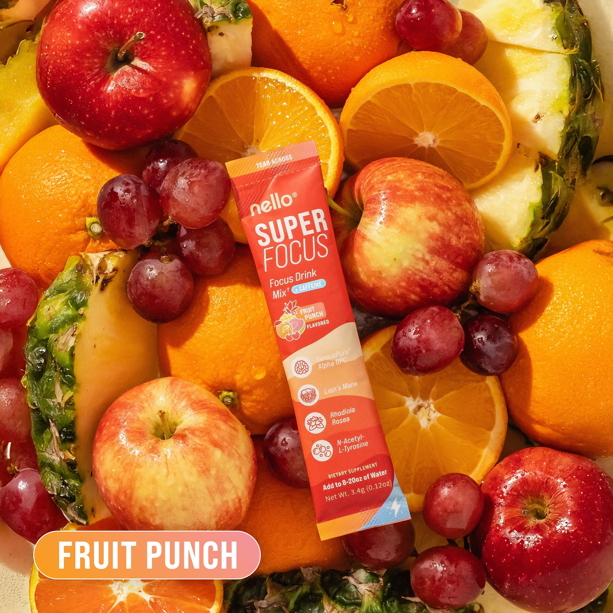 Nello SuperFocus Focus Drink Mix – Fruit Punch Flavor – Alpha GPC, Lion’s Mane, Rhodiola & N-Acetyl L-Tyrosine – Sugar-Free, On-the-Go Packets – 20 Travel Packets - Fruit Punch + Caffeine