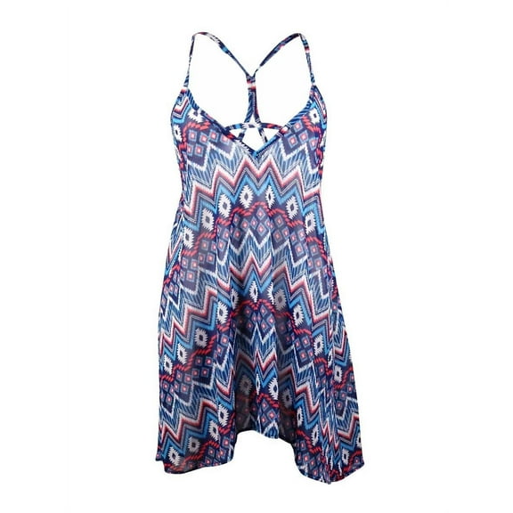 Miken Women's Tribal Spaghetti Chiffon Dress Swim Cover-Up (M, Indigo/Coral)