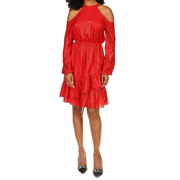 Michael Michael Kors Women's Long Cold Shoulder Sleeve Flounce Hem Dress Crimson Medium