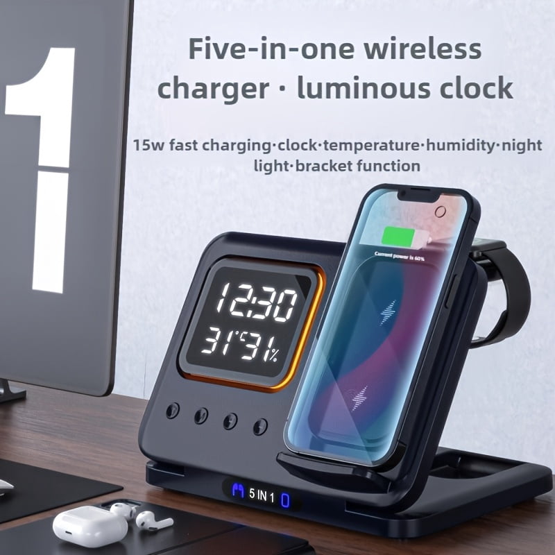 5 in 1 wireless charger, integrating night light, time and temperature display and ambient light, compatible with Apple mobile phones and watches, providing convenient charging.