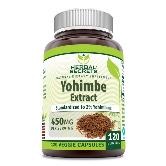 suplemento herbal secrets: extracto de yohimbe, 450 mg, 120 cápsulas frasco frontal con etiqueta verde y crema, botella ámbar con tapa plateada, texto grande 'Yohimbe Extract' y '450 mg', ilustración de corteza seca y banda inferior que muestra '120 veggie capsules', indicado para búsquedas de cápsulas vegetales y suplementos herbales.