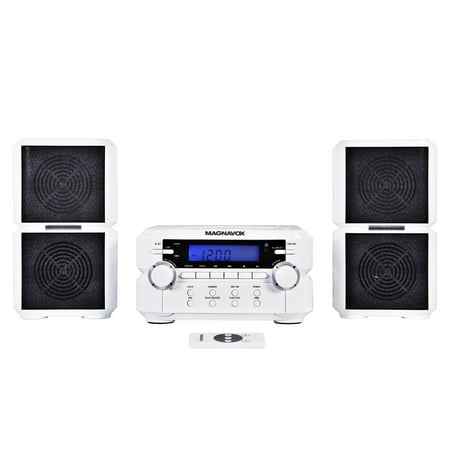 Magnavox MM435-WH 3-Piece Compact CD Shelf System with Digital AM/FM Stereo Radio  Bluetooth Wireless Technology  and Remote Control in White  LCD Display  AUX Port Compatible