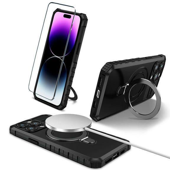 Phone Case For iPhone 13 Pro MAX with Magsafe Magnetic Charging Ring Stand   2 Tempered Screen Protectors, Black