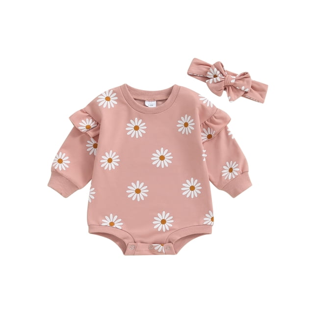 Gupgi Newborn Baby Girl Romper Infant Sweatshirt Fall Winter Ruffle Long Sleeve Floral Bodysuits with Headband