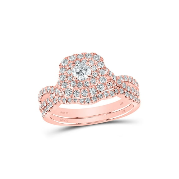 14kt Rose Gold Round Diamond Halo Bridal Wedding Ring Band Set 1 Cttw