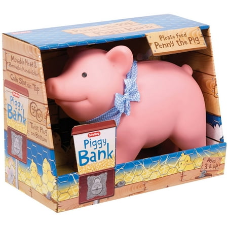 UPC: 0019649209477 | Schylling Rubber Piggy Bank Pink with Blue and White Scarf
