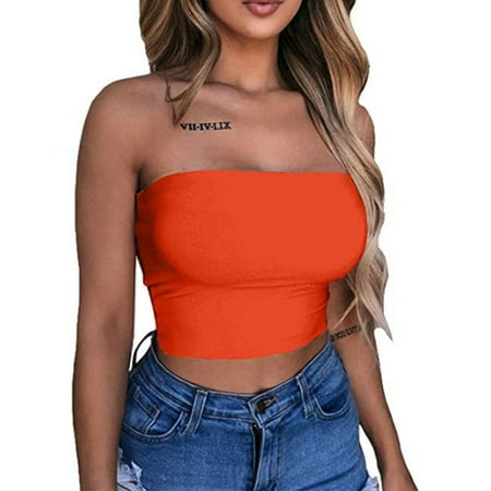 

Womens Summer Bodycon Elastic Crop Tube Top Sexy Strapless Off Shoulder Bandeau Bright Solid Color Wrapped Chest Basic Bralette