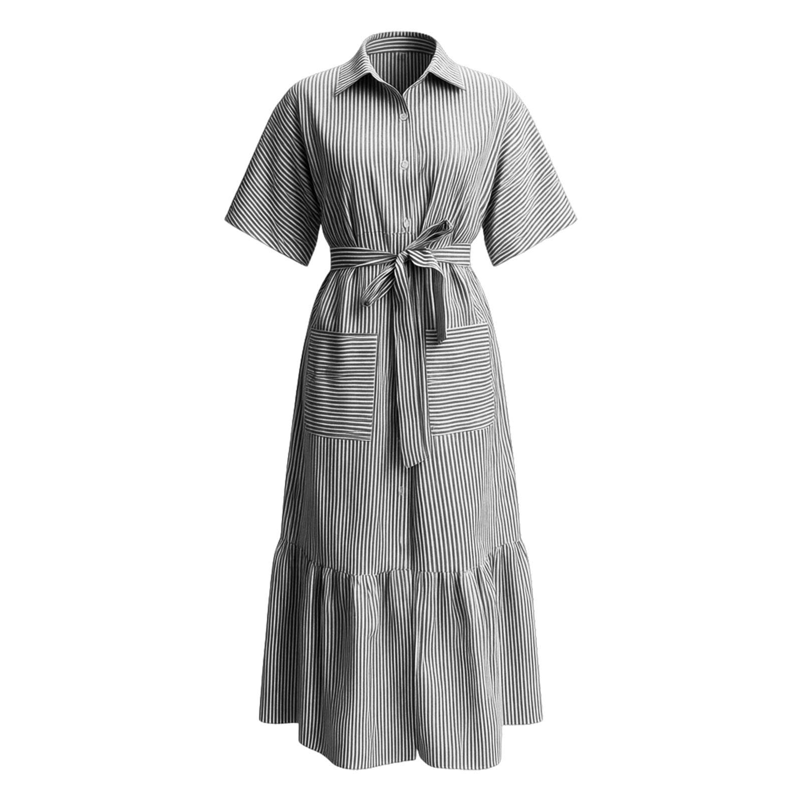 Jane Wardrobe Women's Casual Striped Short Sleeve Shirt Dress Loose Fit Midi Length Ruffled Hem Belted Waist With Pockets For Daily Brunch 1 Pc Sizes S M L XL XXL Pink Purple Blue Black Green Khaki