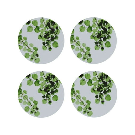 

Fuzoiu Watercolor Green Leaves Print Leather Coasters Set Drink Coasters Set of 4 for Tabletop Protection Durable PVC Coasters Home Décor and Housewarming Gift-Round Shape