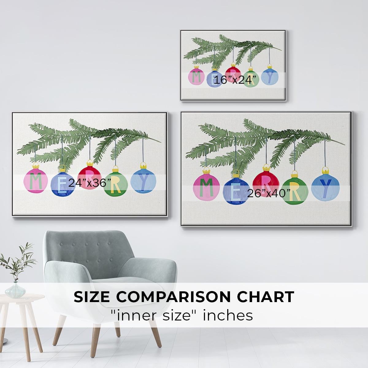 Colorful Christmas Collection A - Framed Gallery Wrapped Holiday Canvas - 27 x 41 - White Frame