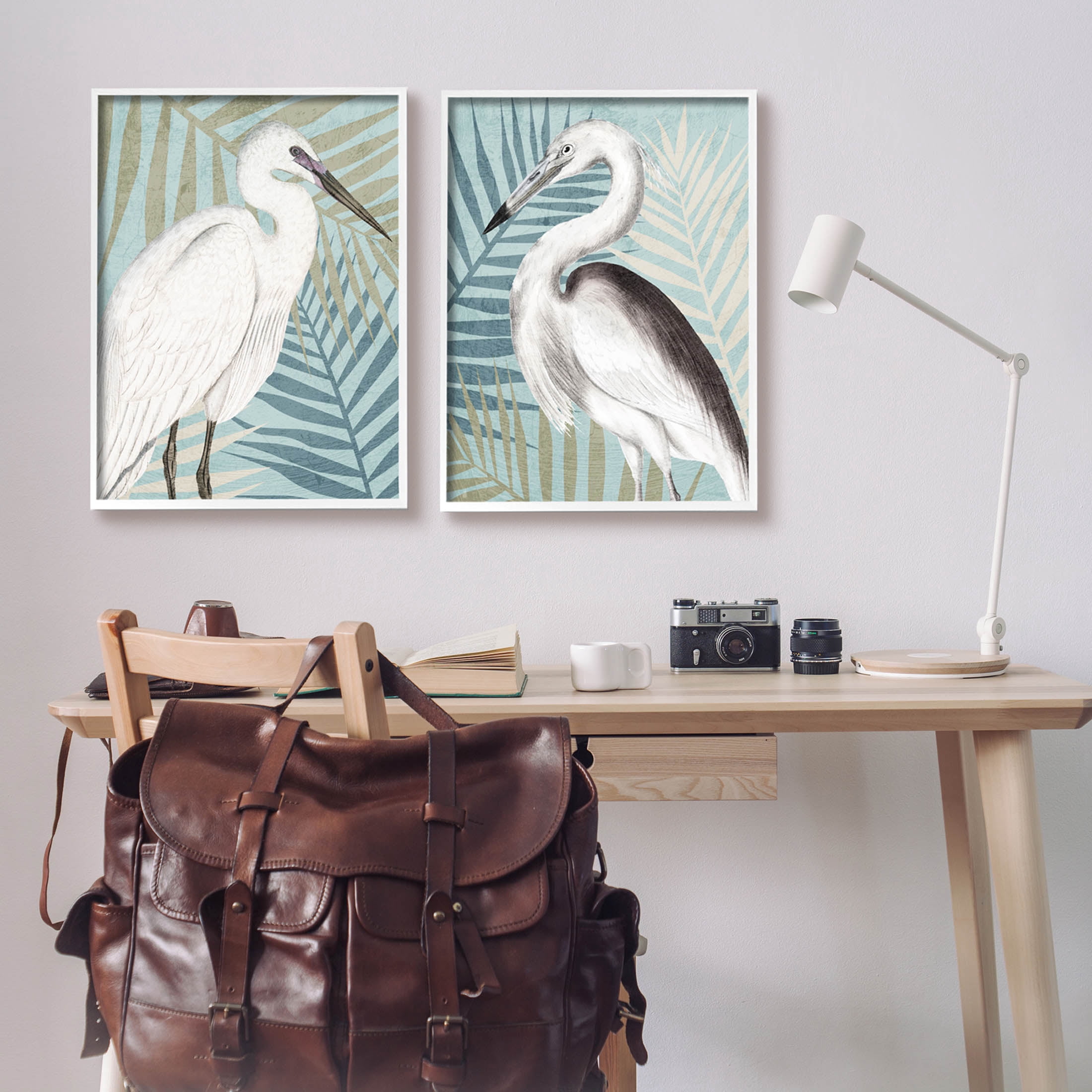 Heron Birds Layered Plant Leaves Animals & Insects Graphic Art White Framed Art Print Wall Art, Set of 2