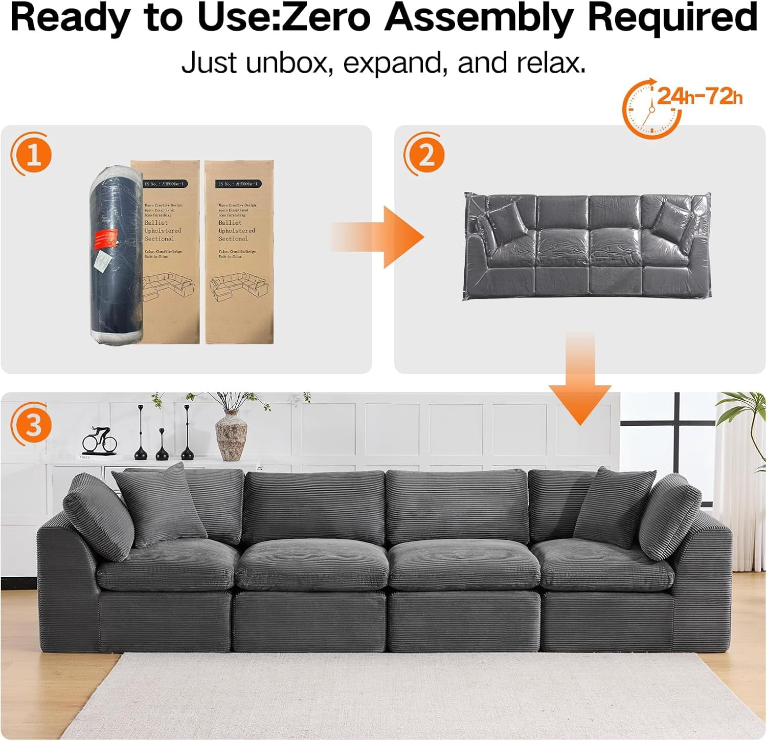 4 Seater Cloud Couch, No Assembly Required Modular Boneless Sofa, Comfy Deep Seat Sectional Sofa for Living Room, Bedroom, Apartment