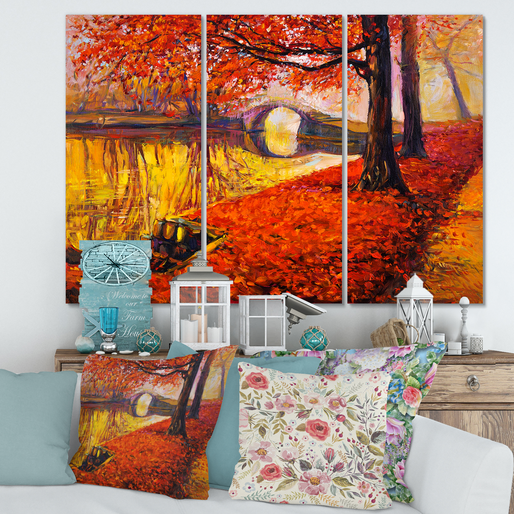 Designart ' Little Bridge In Deep Orange Autumn Landscape I ' Traditional Canvas Wall Art Print