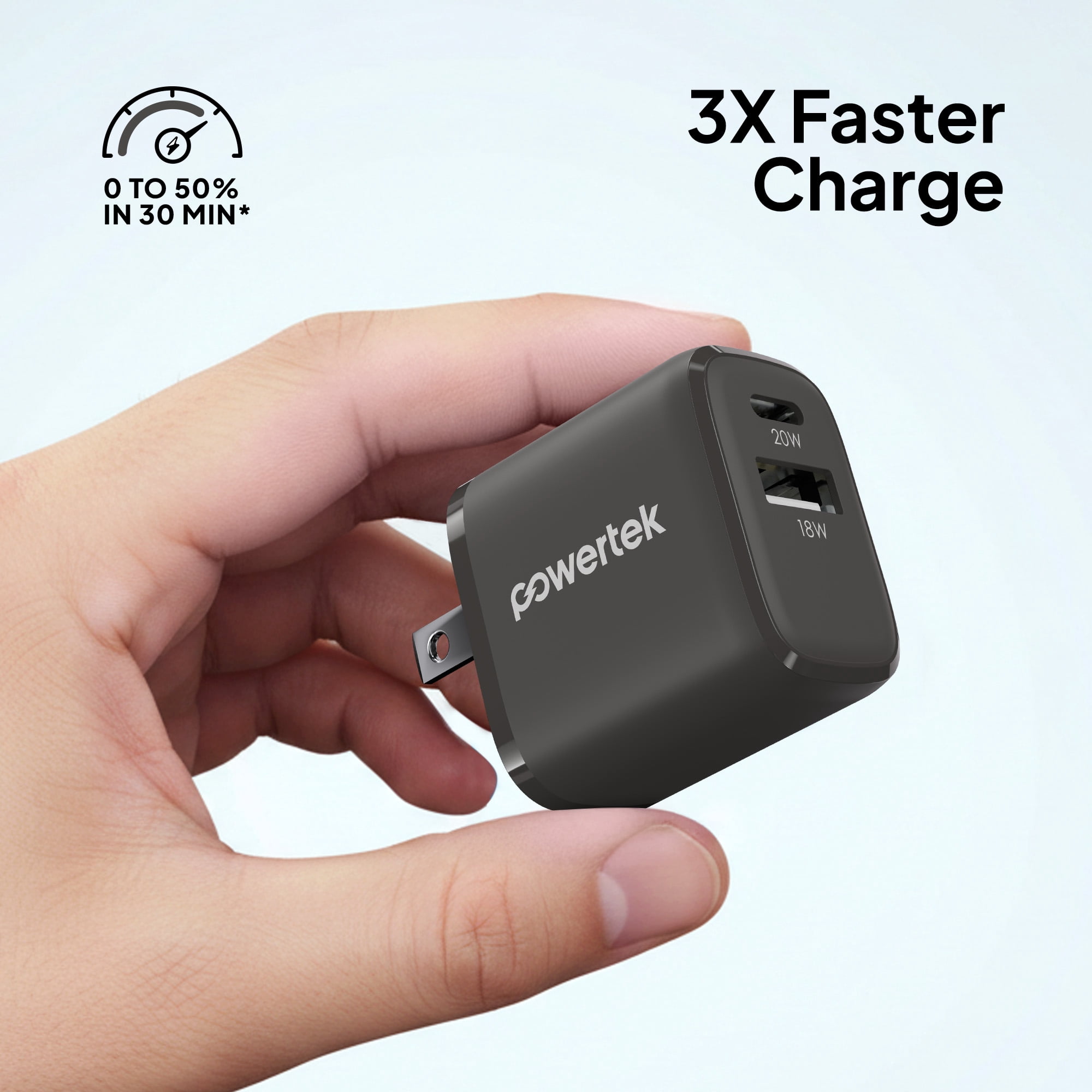 Powertek 20W USB-C PD + USB-A Dual Port Wall Charger, Carbon Design, Grey