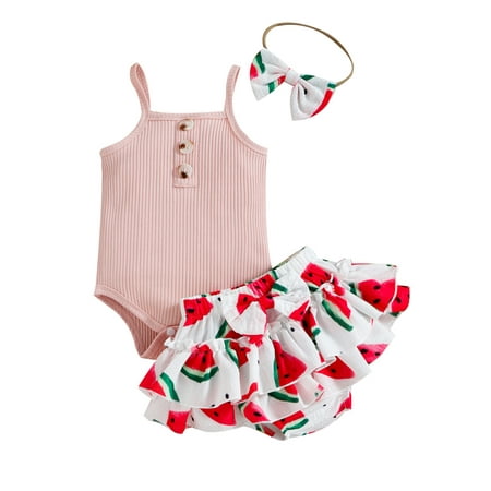 

Calsunbaby Baby Girls 3Pcs Layette Solid Color Sleeveless Sling Romper Fruit Print Ruffled Skirt Hem Shorts Bow Headdress Set