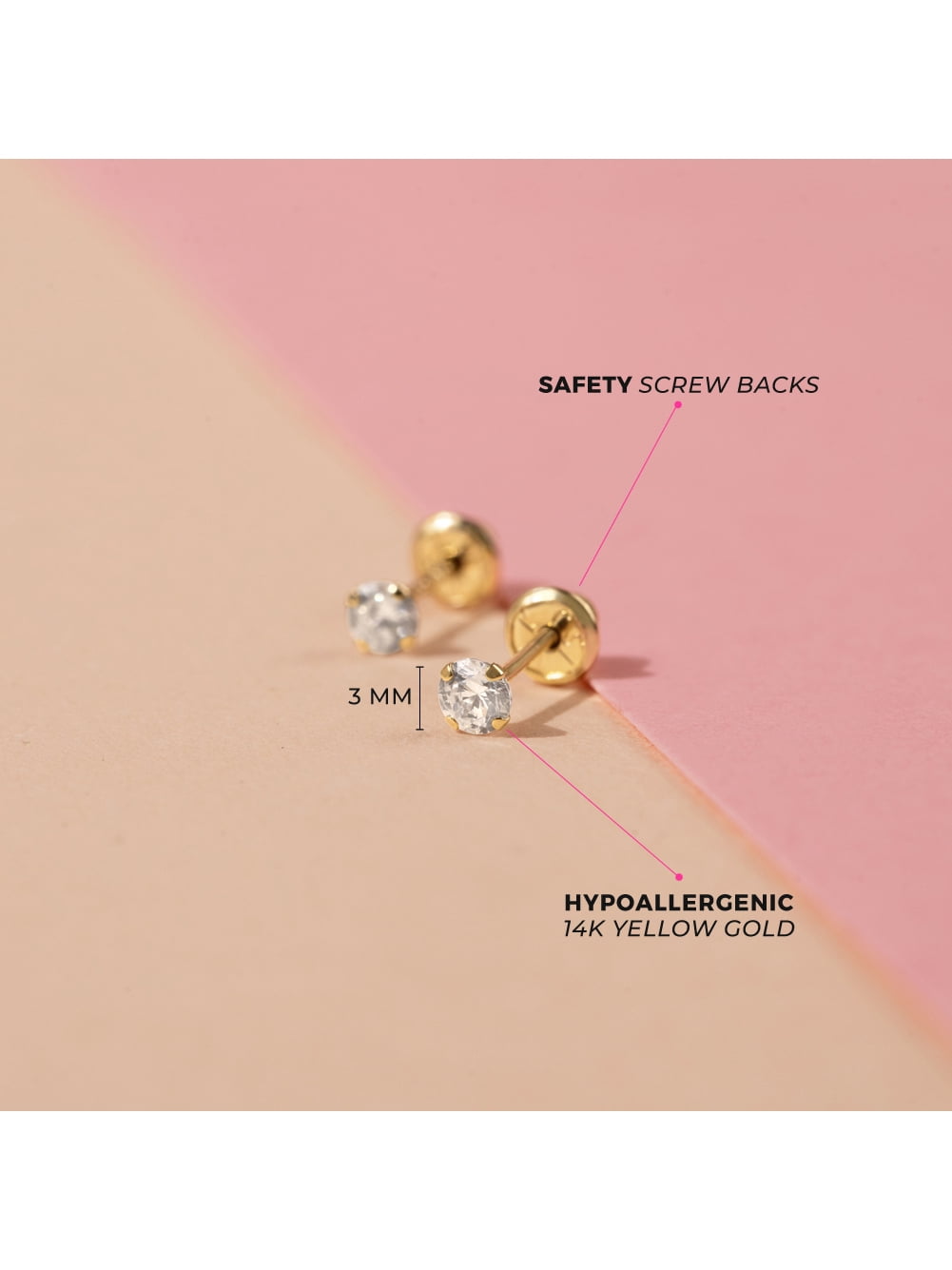 14k Yellow Gold 3mm Clear Cubic Zirconia Prong Set Solitaire Screw Back Earrings