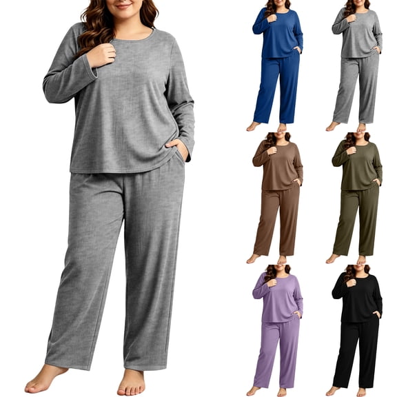 Nugftut Women Plus Size Pajama Sets Long Sleeve Top and Wide Leg Pants 2 Piece Soft Lounge Pjs Summer Fall Loungewear