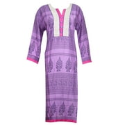 Mogul Woman's Ethnic Indian Long Kurti Purple Printed Rayon Tunic Dress XL