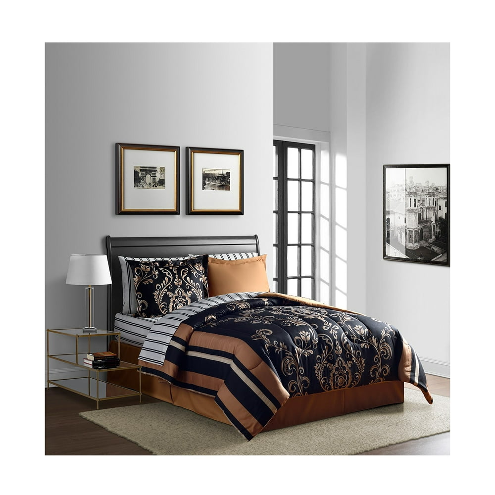 Elegant Black & Gold Damask Scroll CAL KING Comforter Set (8 Piece Bed