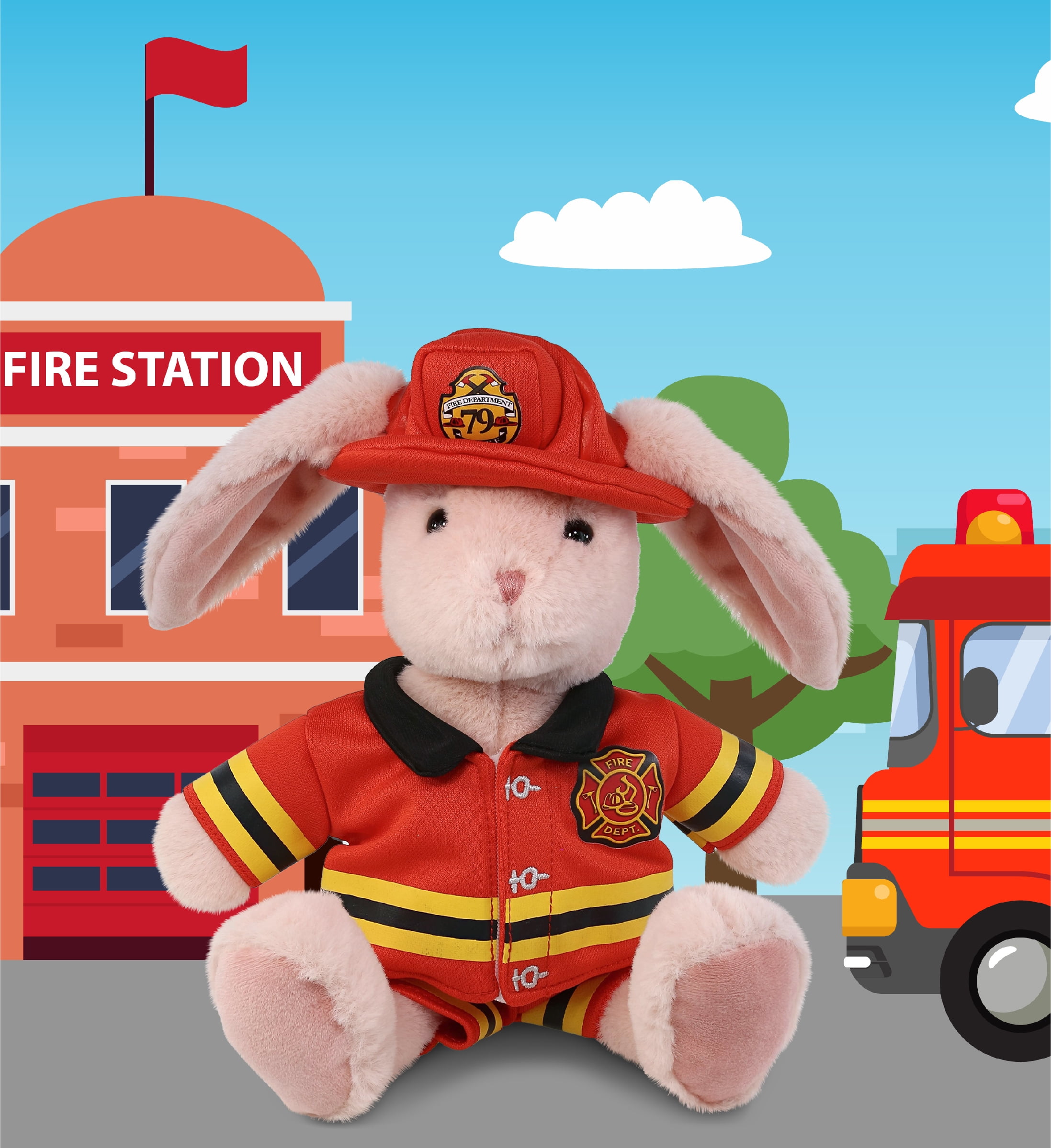 DolliBu Baby Pink Rabbit Firefighter Stuffed Animal - Rabbit Fireman Toy with Red Fireman Costume Outfit and Fireman Hat, Cute Wild Life Stuffed Animal Fire Fighter Doll Plush Toy for Kids - 8 Inch