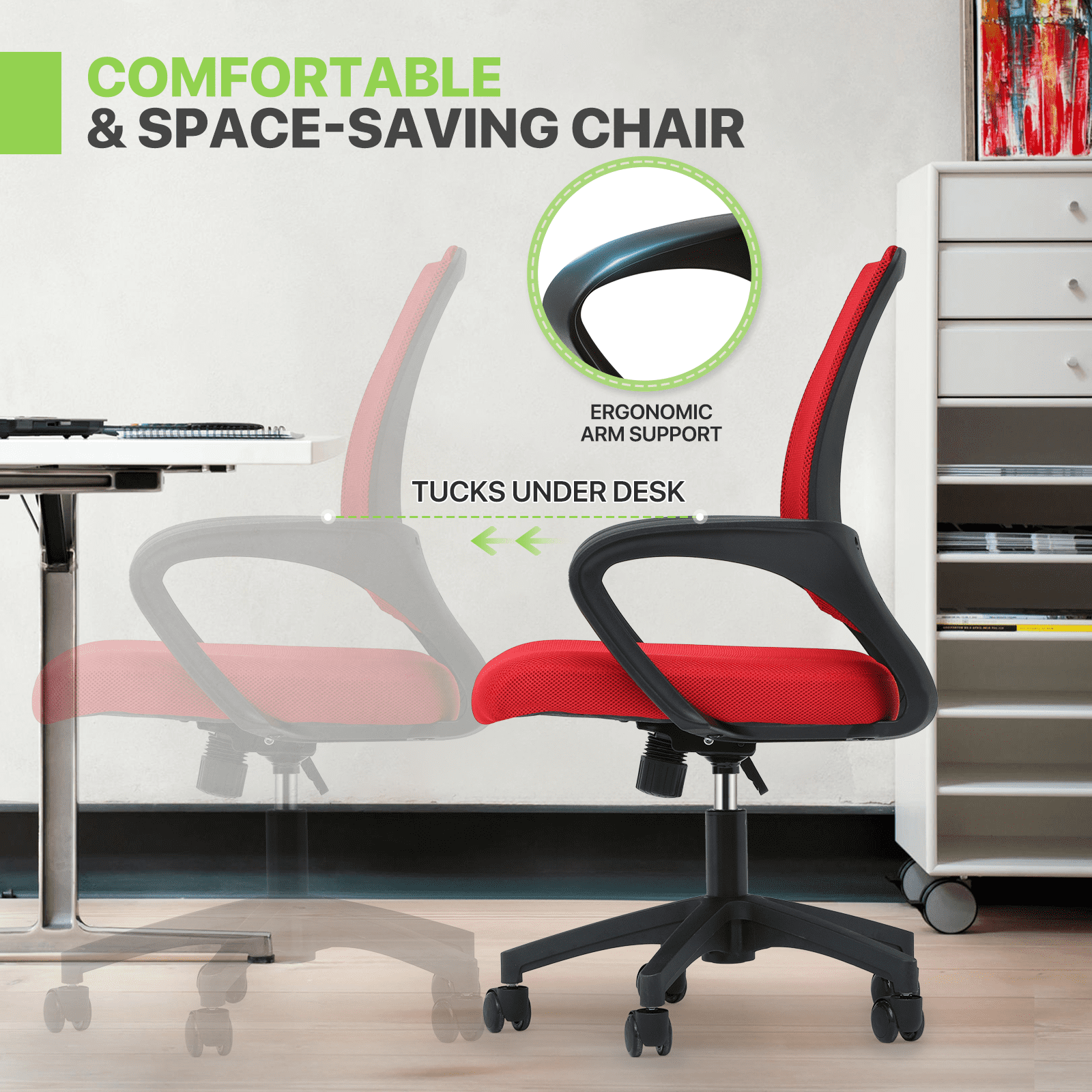 Magshion Set of 2 Office Chairs Mid Back Swivel Desk Chairs, Height Adjustable Ergonomic Mesh Computer Chairs with Armrest & Lumbar Support, Red