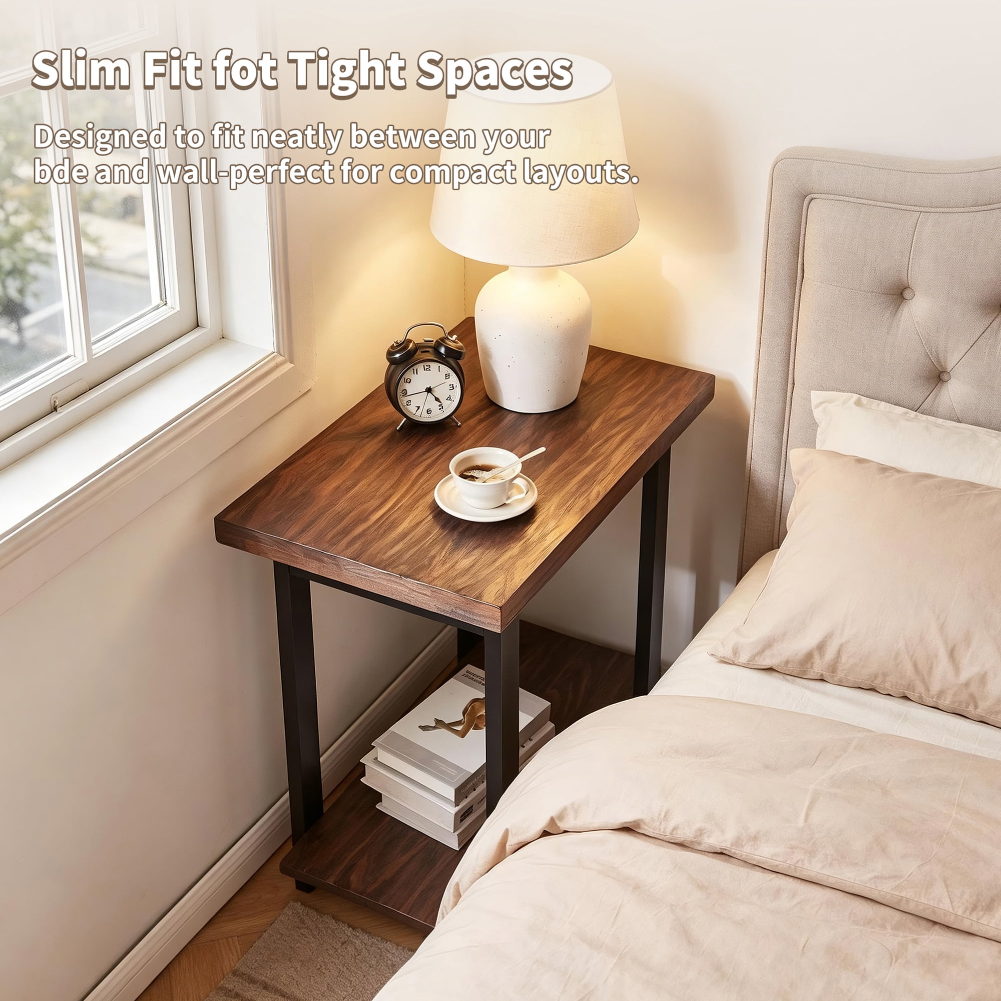 End Table 27.16 Inch, 2-Tier Industrial Side Table with Solid Pine Top and Rubberwood Legs, Sofa Table and Nightstand for Living Room and Bedroom, Walnut