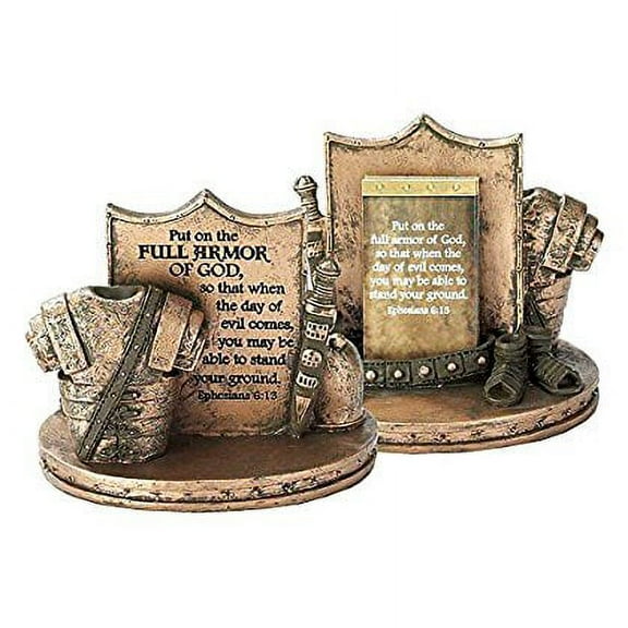 Bronzetone Full Armor Scripture 3 x 4 Resin Decorative Tabletop Card Holder
