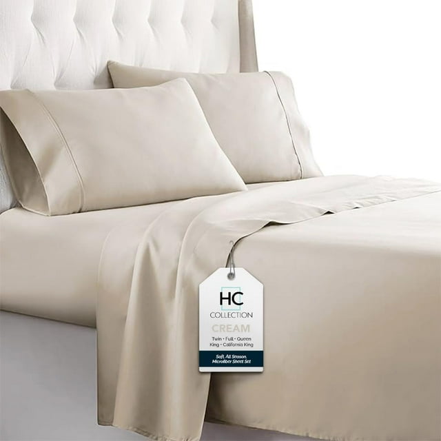 HC COLLECTION King Size Sheets Set, 4 pc Bed Sheets & Pillowcases Set - Machine Washable for Easy Care - Soft & Breathable All Season Microfiber Sheets with Deep Pockets - Cream