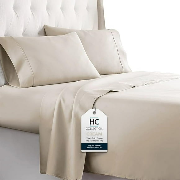 HC COLLECTION King Size Sheets Set, 4 pc Bed Sheets & Pillowcases Set - Machine Washable for Easy Care - Soft & Breathable All Season Microfiber Sheets with Deep Pockets - Cream
