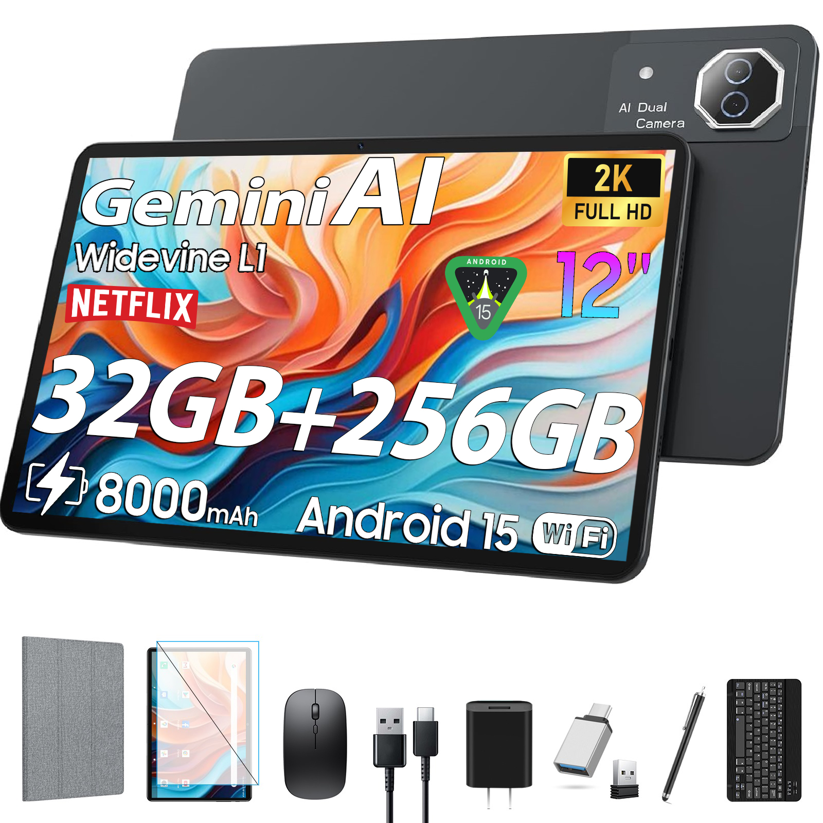 12inch Android 15 Tablet with 256GB ROM+32GB RAM,Helio G99,Octa-Core 5G WIFI,Dual Camera,GPS,1TB Expand,FHD IPS,2K 2000x1200Display Tableta,Wideline L1,GMS Certified,Split-screen,AI,Gaming Tablets