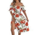 thumbnail image 5 of Women's Off Shoulder Floral Smocked Midi Flowy Long Dresses Dress for Beach Summer White S, 5 of 10
