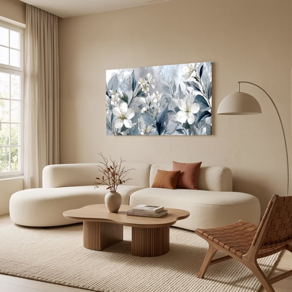 1.5-Inch Thick Canvas Print Wall Art for Living Room, Bedroom, Office or Entryway – Decorative Wall Decor with White Flowers Gray Leaves Artistic Pattern -32 x 16 x 1.5 in