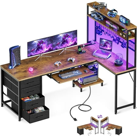 AODK 59 Inch L Shaped Desk with 4 Drawers, Gaming Desk with Led Lights & Power Outlets, Computer Desk with Pegboard, Reverisble Home Office Desk with Storage Shelves & CPU Stand, Vintage