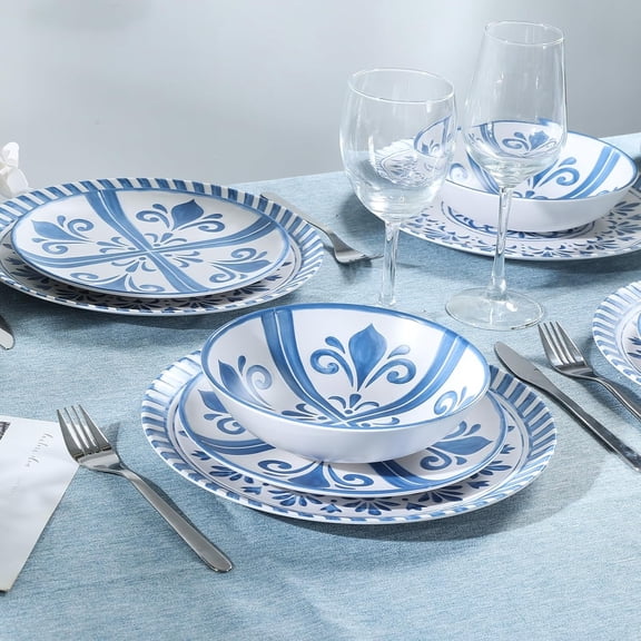 12-Piece Melamine Dinnerware Set with Blue Floral Embossed Design, & Lightweight for Indoor/Outdoor Use