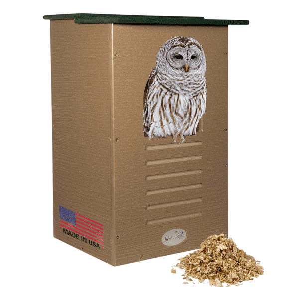 JCs Wildlife Recycled Poly Lumber Barred Owl Nesting Box - Mounting Hardware and Pine Shavings Included - Dedicated Clean Out Door - Made in the USA