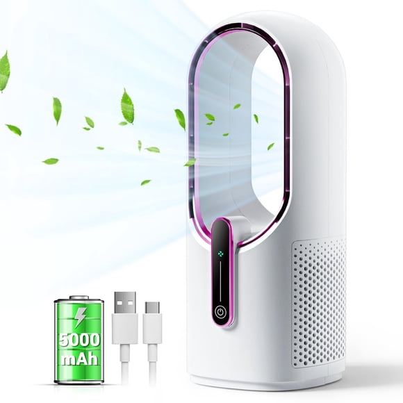 KONSIDEN Ventilador de escritorio sin aspas, ventilador recargable de 11,8 pulgadas, ventilador de oficina pequeño y silencioso, flujo de aire de 3 velocidades, control táctil, fácil de limpiar, venti