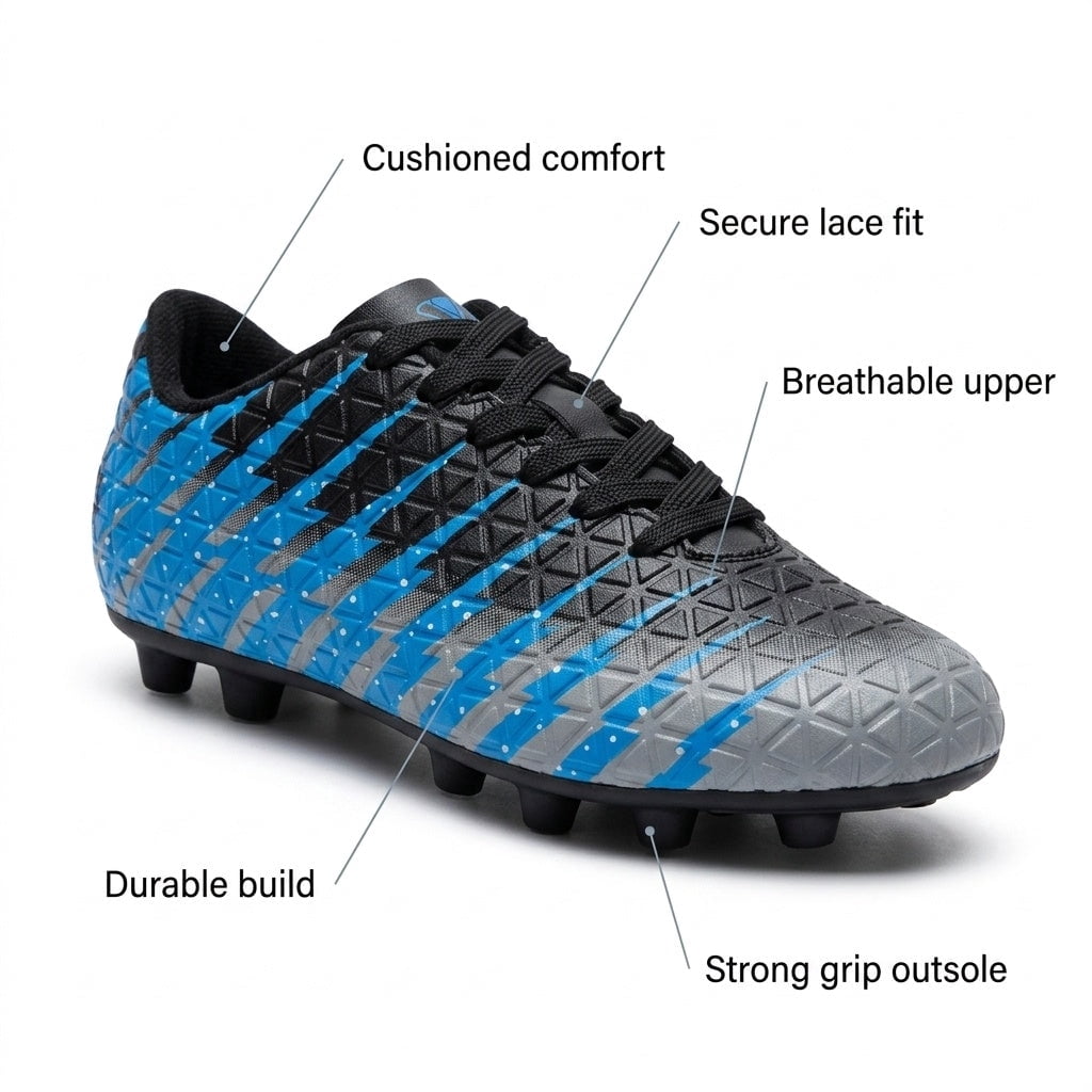Vizari Bolt Firm Ground Soccer Cleats for Kids – Durable, Comfortable, and Stylish Boys and Girls Soccer Shoes with Traction - Black/Sky/Silver, 4