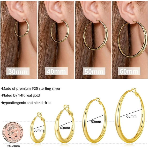 (1 Pair) Women's Gold Hoop Earrings 925 Sterling Silver Hypoallergenic  Lightweight 14K Gold Plated Large Hoop Earrings for Women Girls (30mm)